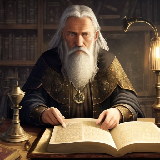 very old wizard, alchemy, looking at book, old medieval painting, smoke, lots of detail, cluttered room, lamp, dark room, ...